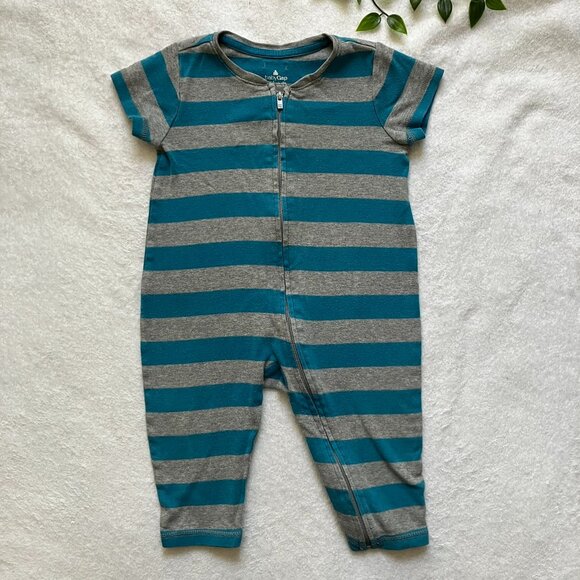 Baby GAP Romper 6-12M | Teal & Grey Striped Cotton Short Sleeve Zip-Up GUC - Picture 1 of 16